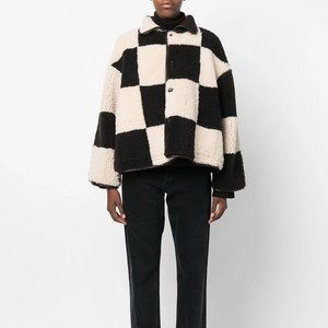 Cawley Studios Avis Sheepskin Jacket in Chocolate / Chalk Patchwork check XXS